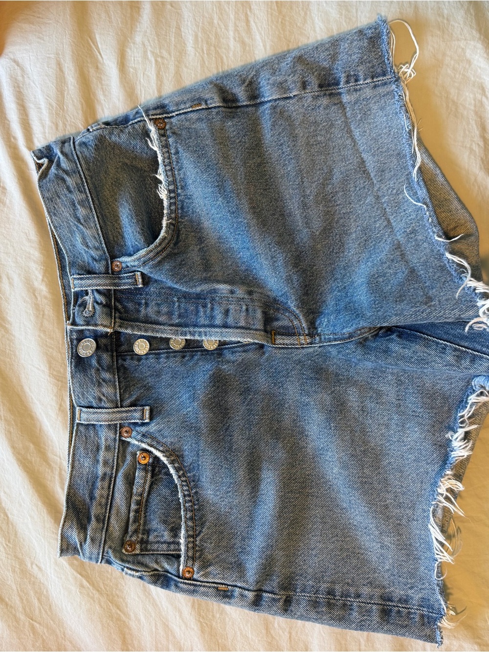 Agolde Button-Front Frayed Hem Blue Denim Shorts